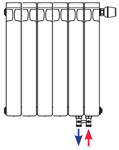 Схема движения теплоносителя в радиаторе Rifar Monolit 500 Ventil 10 секций с нижним правым подключением